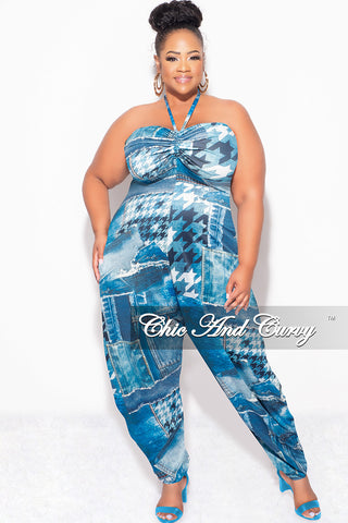 Final Sale Plus Size Halter Harem Jumpsuit in Blue & White Mixed Denim Print