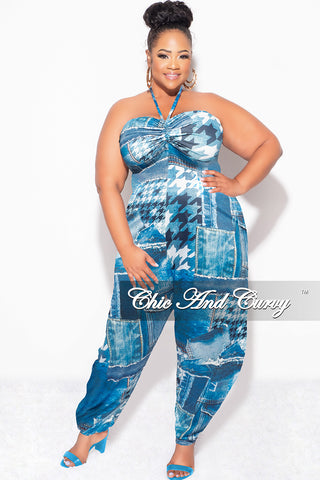 Final Sale Plus Size Halter Harem Jumpsuit in Blue & White Mixed Denim Print