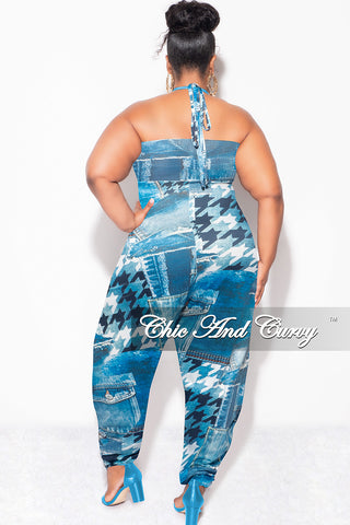 Final Sale Plus Size Halter Harem Jumpsuit in Blue & White Mixed Denim Print