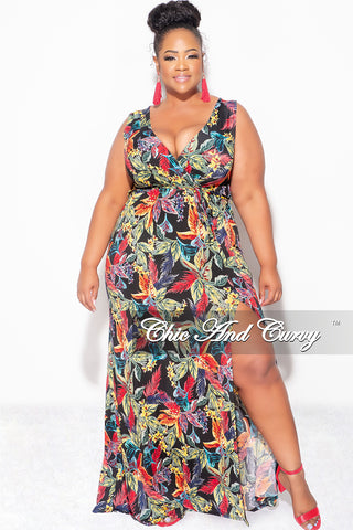 Final Sale Plus Size Faux Wrap Maxi Dress with Side Slit in Black Multi Color Leaf Print