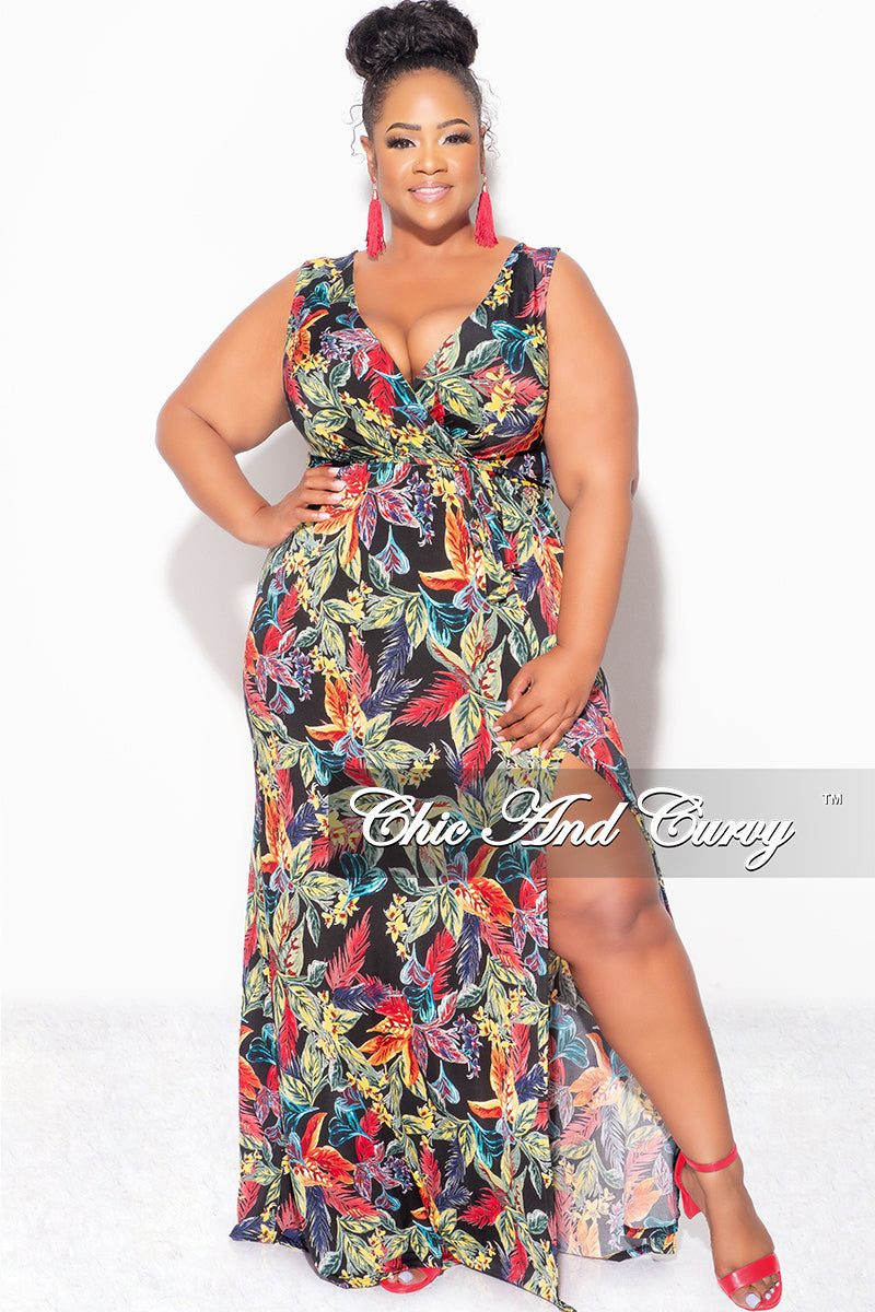 Final Sale Plus Size Faux Wrap Maxi Dress with Side Slit in Black Multi Color Leaf Print