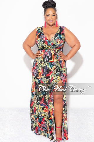 Final Sale Plus Size Faux Wrap Maxi Dress with Side Slit in Black Multi Color Leaf Print