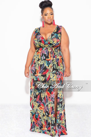 Final Sale Plus Size Faux Wrap Maxi Dress with Side Slit in Black Multi Color Leaf Print