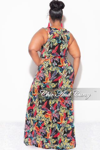 Final Sale Plus Size Faux Wrap Maxi Dress with Side Slit in Black Multi Color Leaf Print