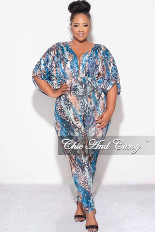 Final Sale Plus Size Deep V Jumpsuit in Multi-Color Snake Print