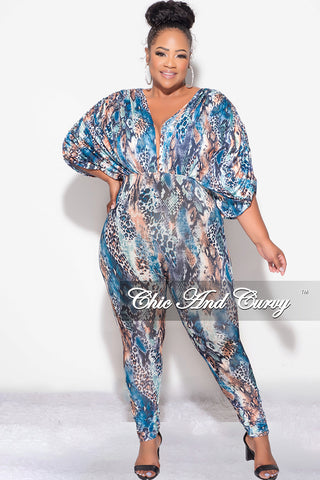 Final Sale Plus Size Deep V Jumpsuit in Multi-Color Snake Print