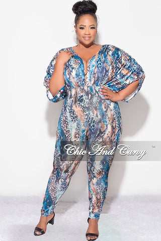 Final Sale Plus Size Deep V Jumpsuit in Multi-Color Snake Print