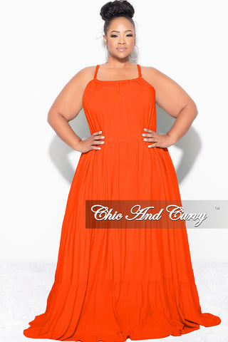 Final Sale Plus Size Long Halter Dress with Back Tie in Orange