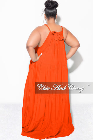 Final Sale Plus Size Long Halter Dress with Back Tie in Orange