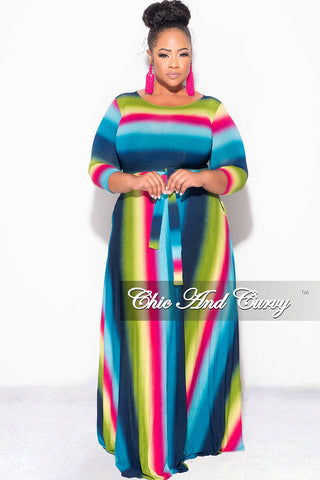 Final Sale Plus Size Long Pocket Dress with 3/4 Sleeves in Green Navy Magenta and Teal Stripe Print