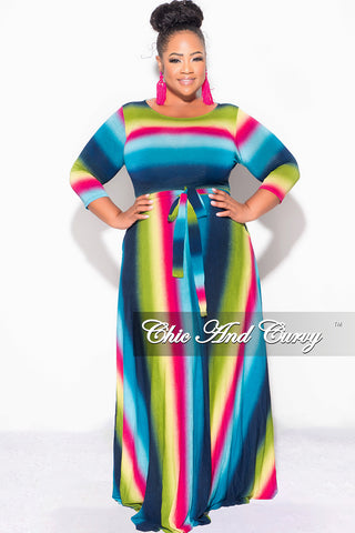 Final Sale Plus Size Long Pocket Dress with 3/4 Sleeves in Green Navy Magenta and Teal Stripe Print