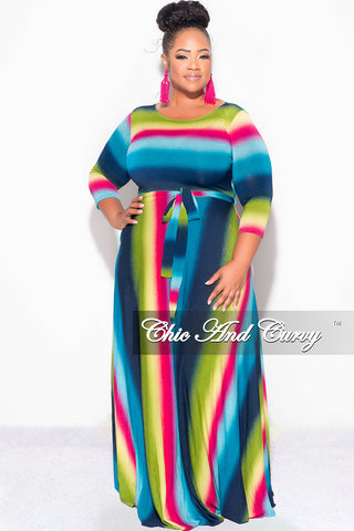 Final Sale Plus Size Long Pocket Dress with 3/4 Sleeves in Green Navy Magenta and Teal Stripe Print