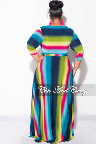 Final Sale Plus Size Long Pocket Dress with 3/4 Sleeves in Green Navy Magenta and Teal Stripe Print