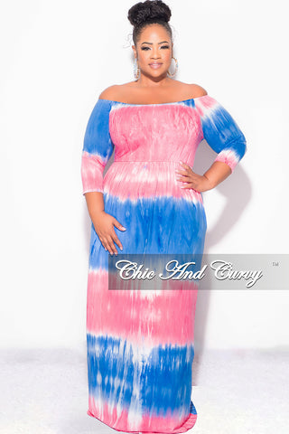 Final Sale Plus Size Off The Shoulder Maxi Dress in Royal Blue and Pink Tie Dye