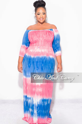 Final Sale Plus Size Off The Shoulder Maxi Dress in Royal Blue and Pink Tie Dye