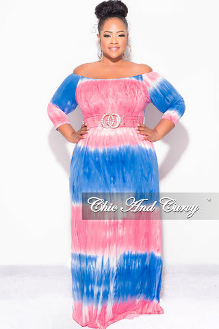 Final Sale Plus Size Off The Shoulder Maxi Dress in Royal Blue and Pink Tie Dye