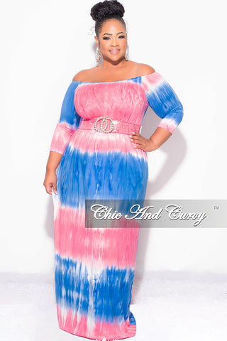 Final Sale Plus Size Off The Shoulder Maxi Dress in Royal Blue and Pink Tie Dye