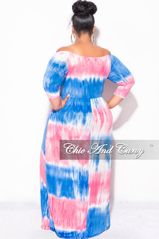 Final Sale Plus Size Off The Shoulder Maxi Dress in Royal Blue and Pink Tie Dye