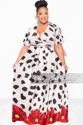 Final Sale Plus Size 2pc (Faux Wrap Crop Tie Top & Skirt) Set in Black & White with Red Floral Print