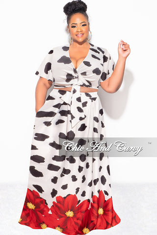 Final Sale Plus Size 2pc (Faux Wrap Crop Tie Top & Skirt) Set in Black & White with Red Floral Print