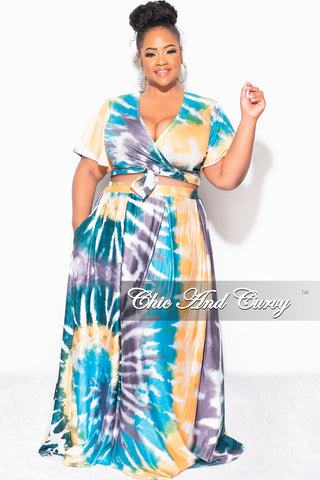 Final Sale Plus Size 2pc (Faux Wrap Crop Tie Top & Skirt) Set in Teal / Mustard Tie Dye Print