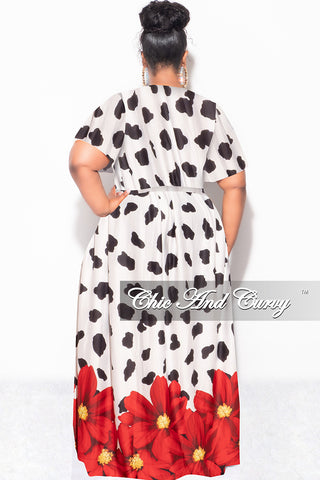 Final Sale Plus Size 2pc (Faux Wrap Crop Tie Top & Skirt) Set in Black & White with Red Floral Print