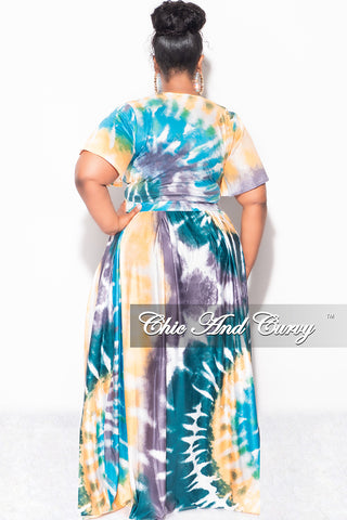 Final Sale Plus Size 2pc (Faux Wrap Crop Tie Top & Skirt) Set in Teal / Mustard Tie Dye Print