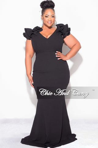 Final Sale Plus Size Gown with Layered Sleeves in Solid Black  (Non-Glitter Fabric)