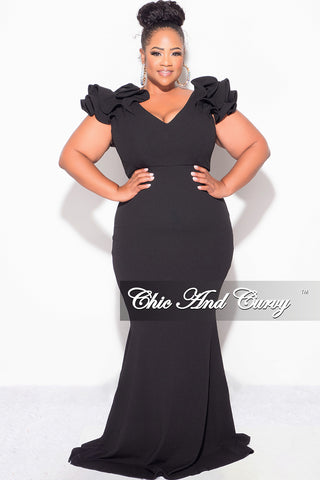 Final Sale Plus Size Gown with Layered Sleeves in Solid Black  (Non-Glitter Fabric)