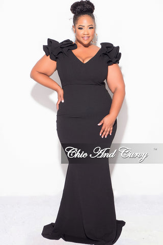 Final Sale Plus Size Gown with Layered Sleeves in Solid Black  (Non-Glitter Fabric)