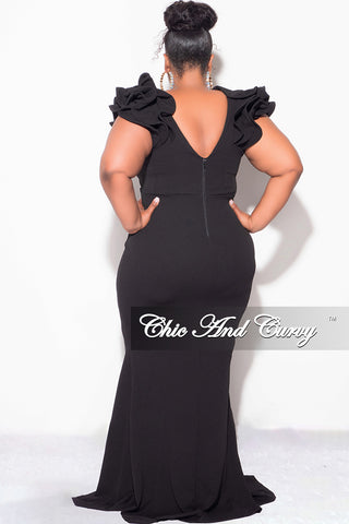 Final Sale Plus Size Gown with Layered Sleeves in Solid Black  (Non-Glitter Fabric)