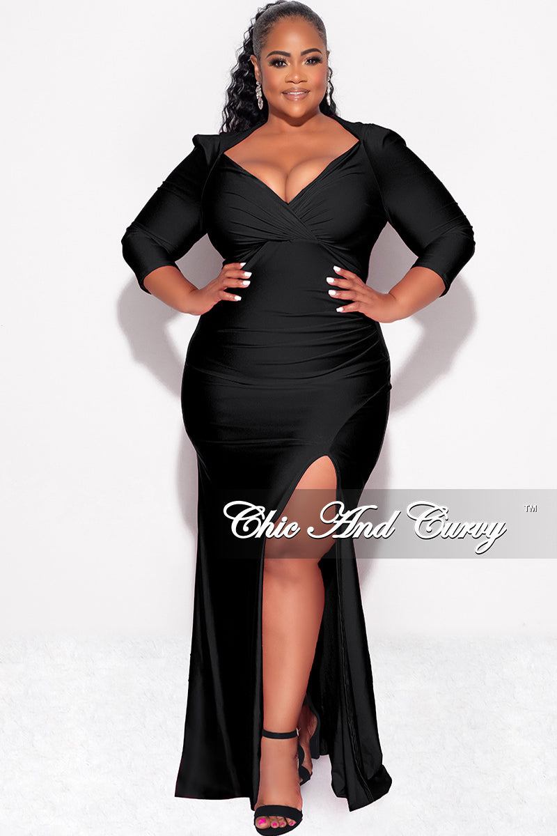 Final Sale Plus Size Shiny Faux Wrap Gown with Slit in Black