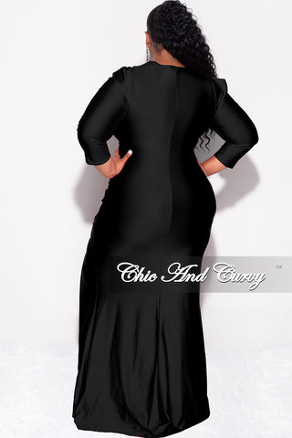 Final Sale Plus Size Shiny Faux Wrap Gown with Slit in Black