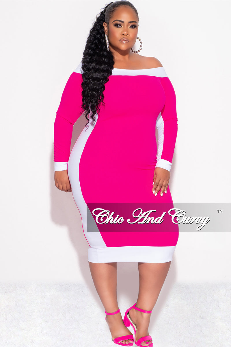 Final Sale Plus Size Off the Shoulder BodyCon Dress in Fuchsia with White Trim - 1x 14/16 Final Sale Plus Size Off the Shoulder BodyCon Dress in Fuchsia with White Trim - 1x 14/16