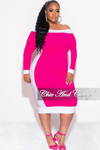 Final Sale Plus Size Off the Shoulder BodyCon Dress in Fuchsia with White Trim