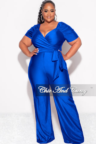 Final Sale Plus Size Shiny Jumpsuit with Ruched Sleeves in Royal Blue