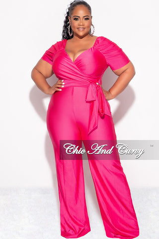 Final Sale Plus Size Off the Shoulder Faux Wrap Shiny Jumpsuit In Pink