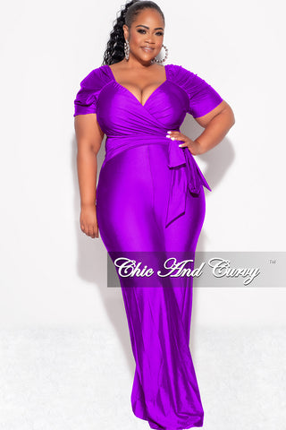 Final Sale Plus Size Shiny Jumpsuit with Ruched Sleeves in Purple