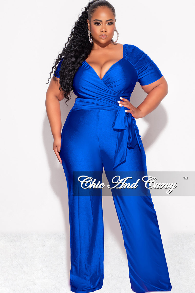 Final Sale Plus Size Shiny Jumpsuit with Ruched Sleeves in Royal Blue