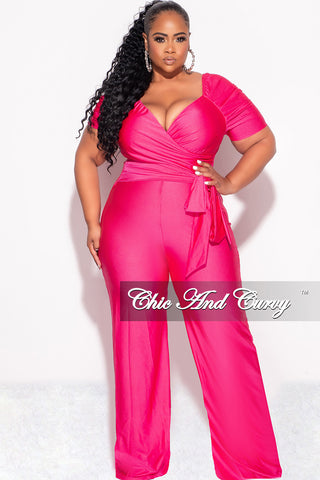 Final Sale Plus Size Off the Shoulder Faux Wrap Shiny Jumpsuit In Pink