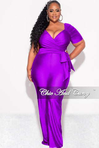 Final Sale Plus Size Shiny Jumpsuit with Ruched Sleeves in Purple