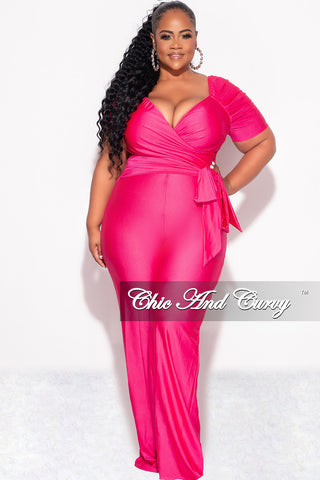 Final Sale Plus Size Off the Shoulder Faux Wrap Shiny Jumpsuit In Pink