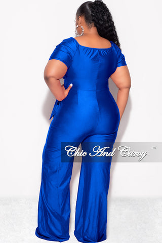 Final Sale Plus Size Shiny Jumpsuit with Ruched Sleeves in Royal Blue