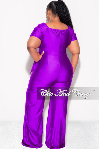 Final Sale Plus Size Shiny Jumpsuit with Ruched Sleeves in Purple