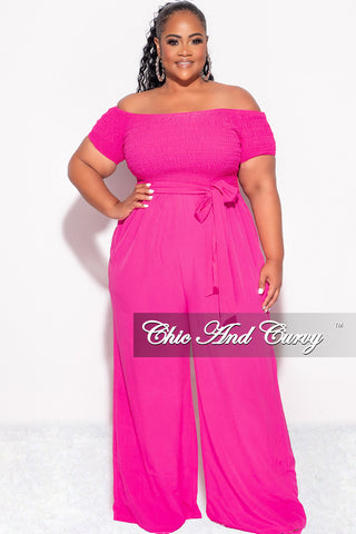 Final Sale Plus Size Short Sleeve Frill Jumpsuit with Attached Tie in Fuchsia