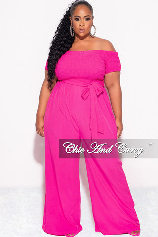 Final Sale Plus Size Short Sleeve Frill Jumpsuit with Attached Tie in Fuchsia