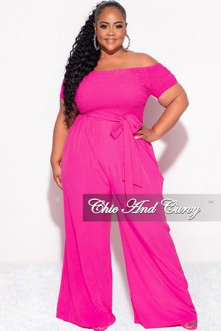 Final Sale Plus Size Short Sleeve Frill Jumpsuit with Attached Tie in Fuchsia