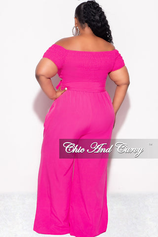 Final Sale Plus Size Short Sleeve Frill Jumpsuit with Attached Tie in Fuchsia