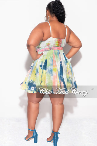 Final Sale Plus Size Spaghetti Strap Babydoll Dress in Teal/Yellow Tie Dye