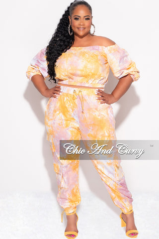 Final Sale Plus Size 2pc Off the Shoulder Crop Top & Cargo Pants in Pink & Orange